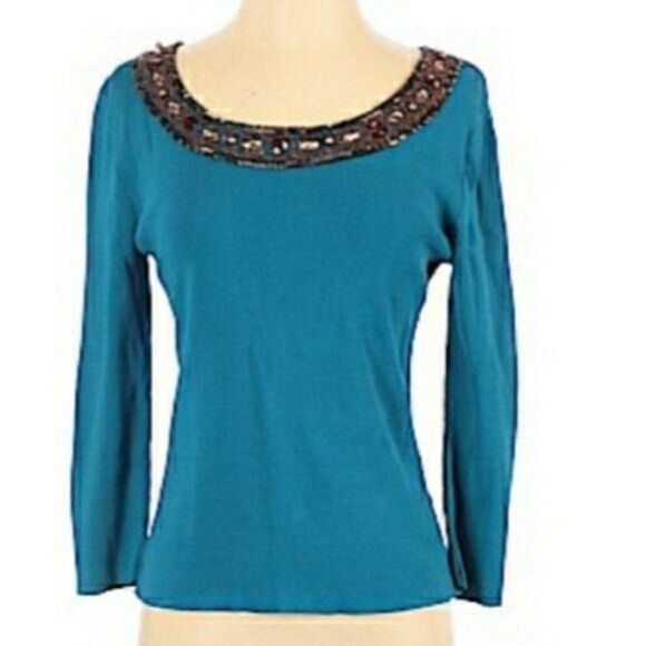 Ruby Rd. Sweater Fitted Stretch Beaded Jeweled Scoop Neck Turquoise Size S - Picture 3 of 11